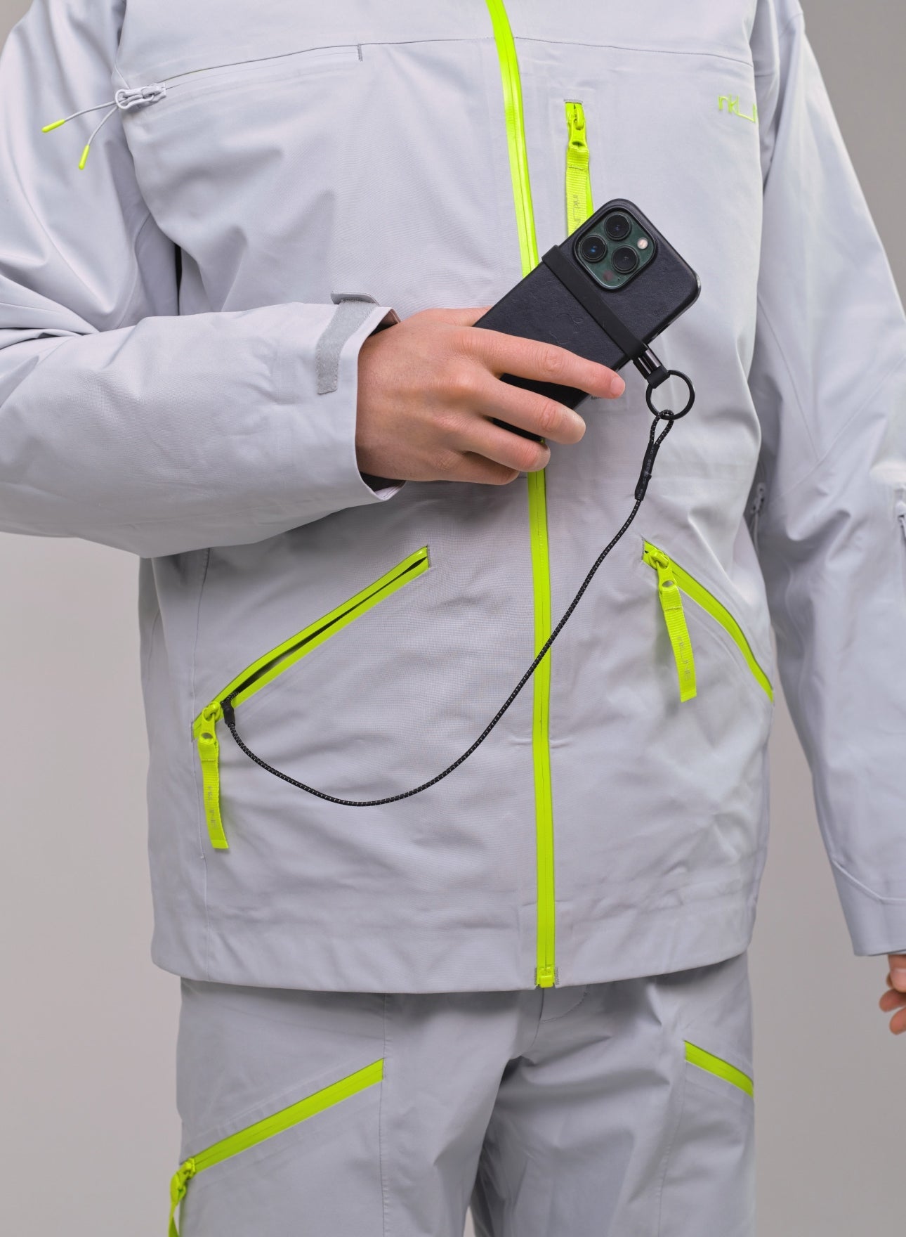 mens grey ski jacket with phone leash- InkLine