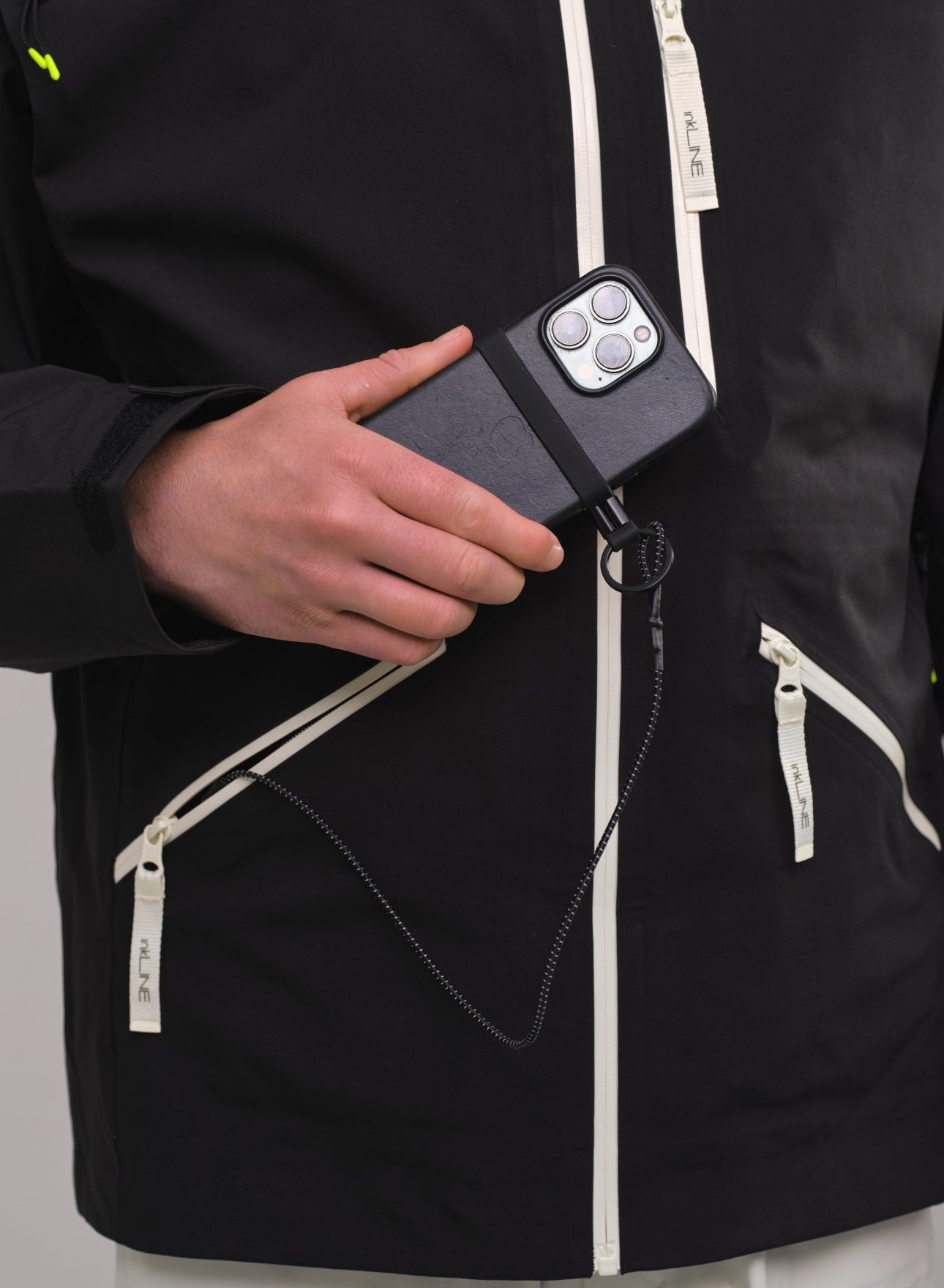 mens black ski jacket with phone leash - InkLine