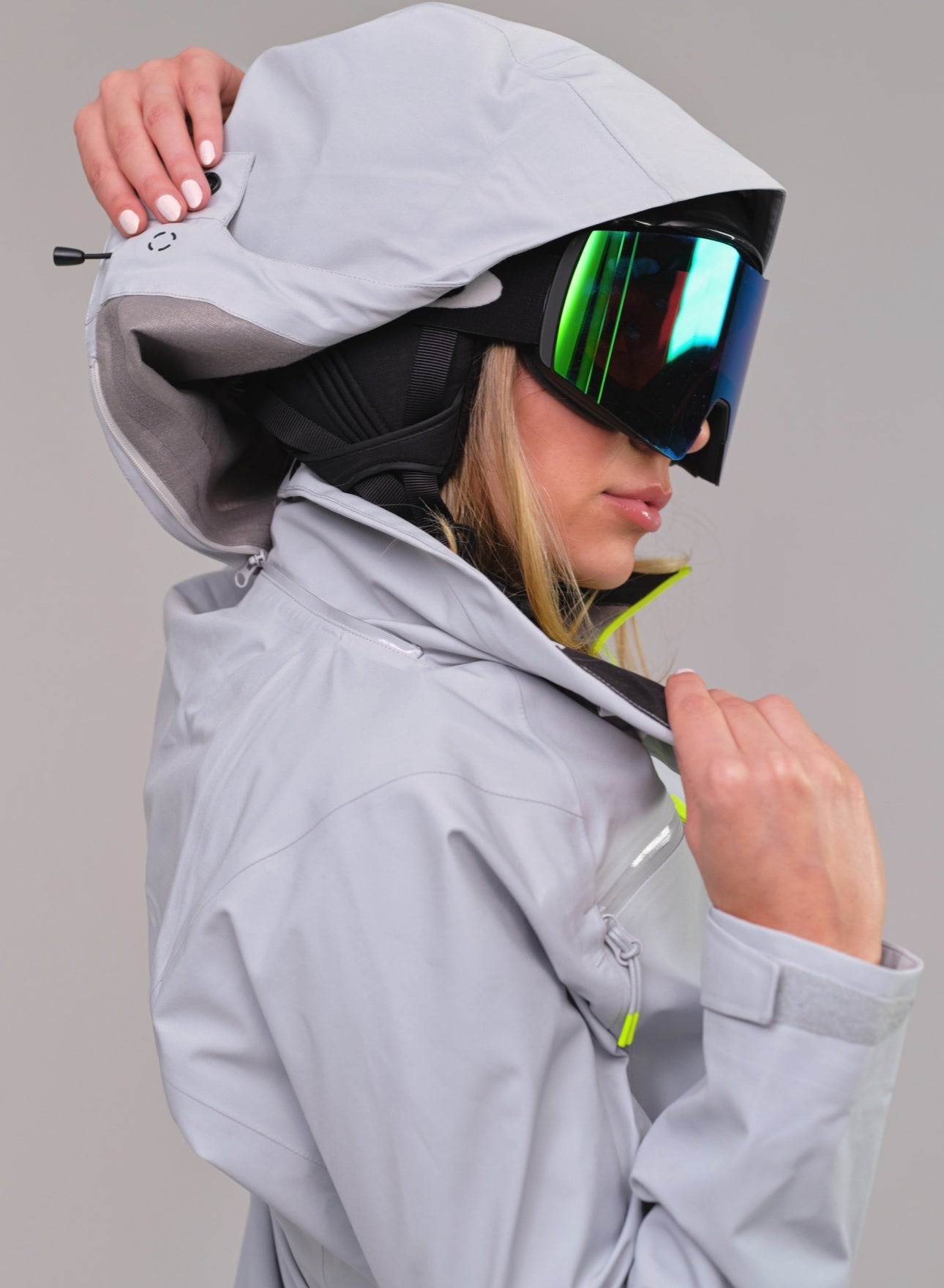 Womens grey ski and snowboard jacket with removable hood- InkLine
