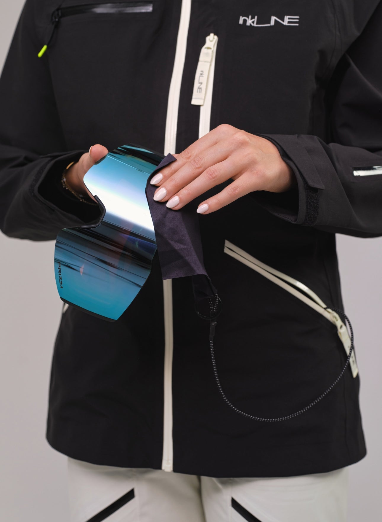 womens black ski jacket with goggle wipe - InkLine