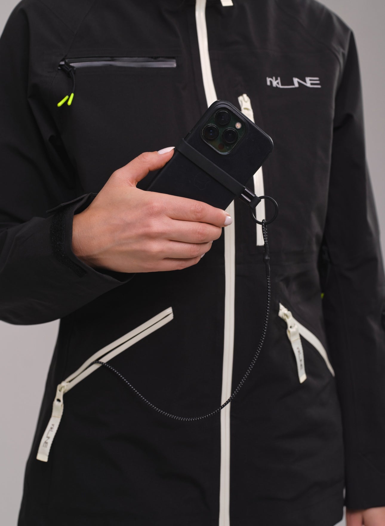 womens black ski jacket with phone leash - InkLine