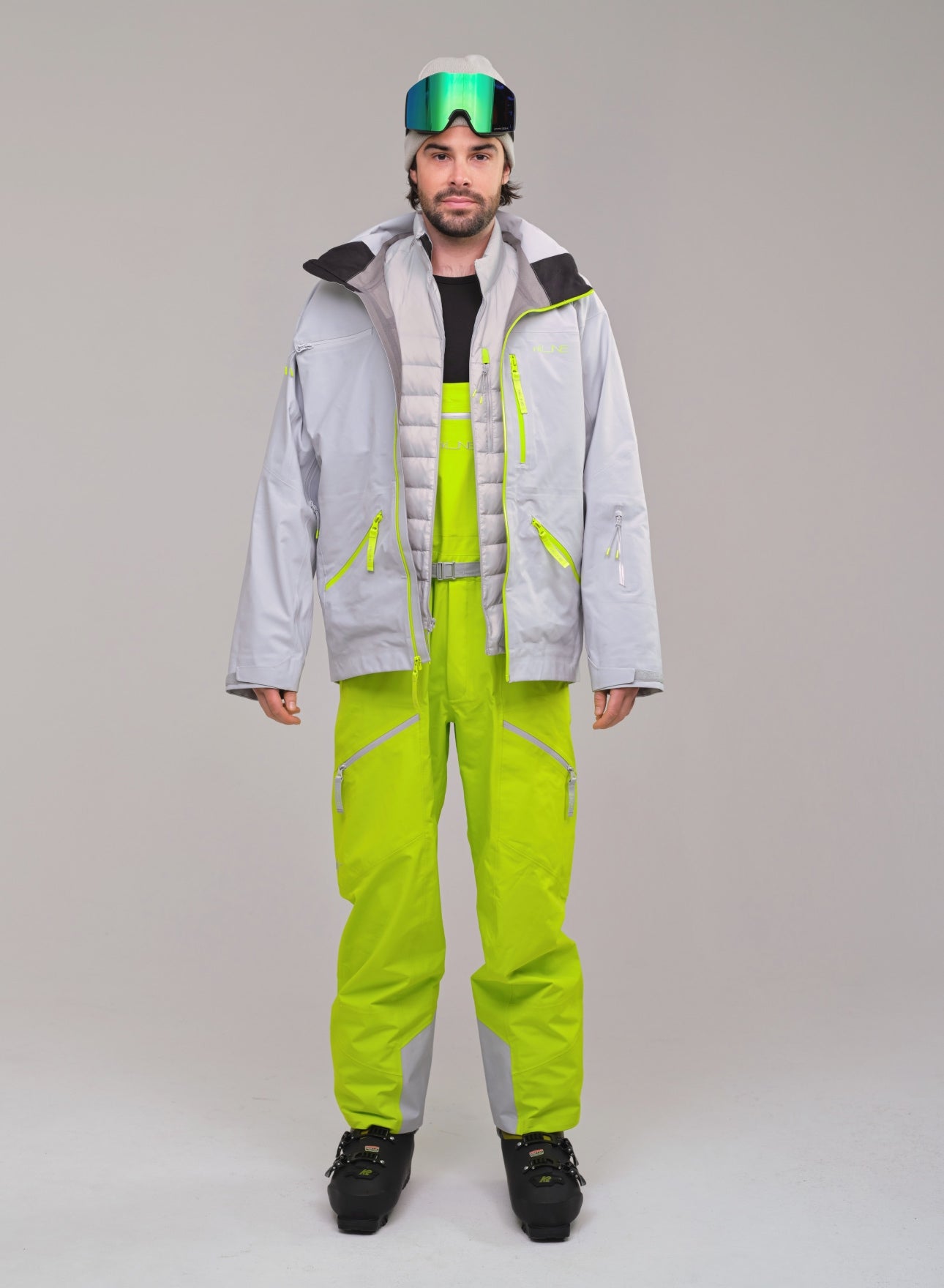 mens matching bright green ski suit