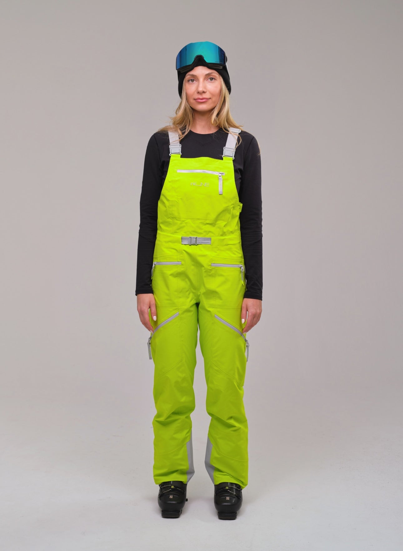 Womens ski and snowboard bibs in lime green